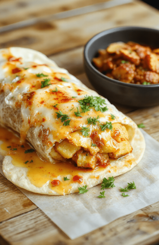 Golden-brown tortillas wrapped around a creamy potato filling with melted cheddar, garnished with bright cilantro and a dollop of sour cream, on a rustic wooden board. Slices reveal gooey cheese and fluffy potatoes, with a side of salsa and lime wedges for color, evoking a cozy, weeknight dinner vibe.