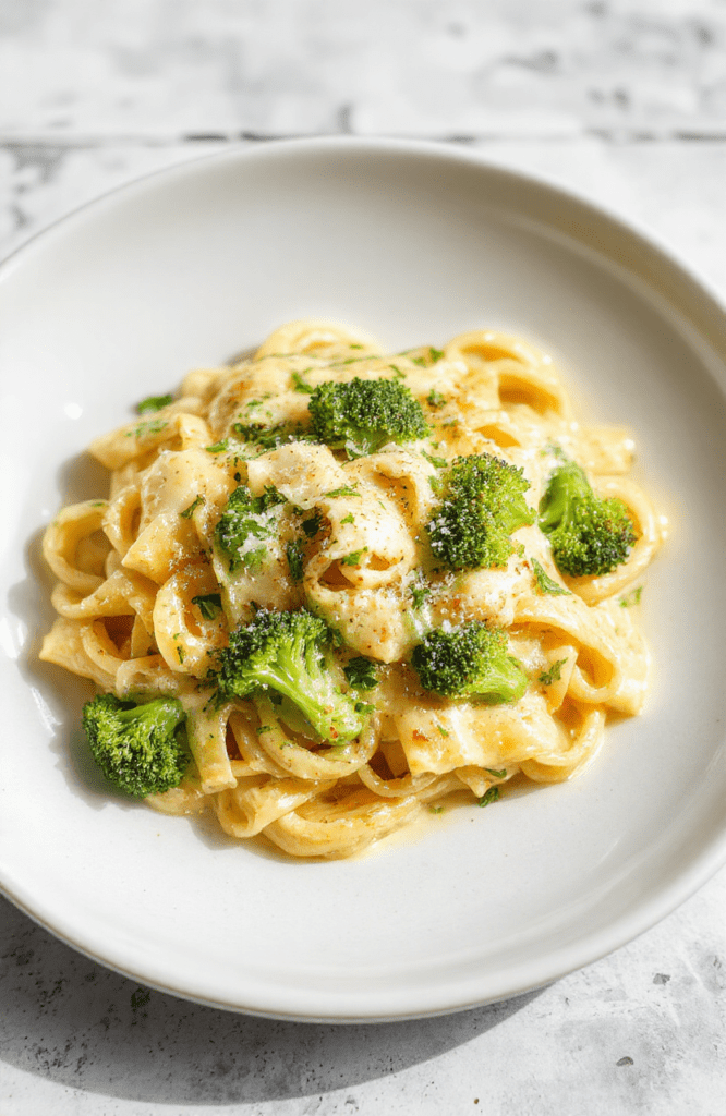 A white plate filled with creamy broccoli cheese pasta: al dente fusilli coated in a pale, velvety cheese sauce, bright green broccoli florets, a dusting of parmesan, and cracked black pepper. The dish sits on a rustic wooden table with natural daylight highlighting the glossy sauce and toasty edges of the pasta.
