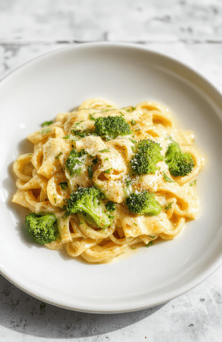 A white plate filled with creamy broccoli cheese pasta: al dente fusilli coated in a pale, velvety cheese sauce, bright green broccoli florets, a dusting of parmesan, and cracked black pepper. The dish sits on a rustic wooden table with natural daylight highlighting the glossy sauce and toasty edges of the pasta.