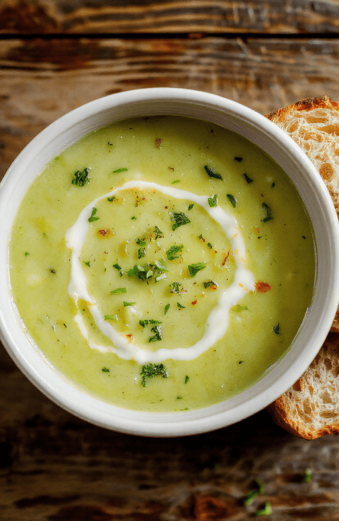 Bright green broccoli potato cheese soup in a creamy, smooth texture served in a white bowl on a rustic wooden board. Visible broccoli florets and potato chunks are swirled with melted cheddar and a hint of cream, topped with chives. A crusty loaf rests nearby, with a softly blurred kitchen background to evoke a cozy family dinner mood.