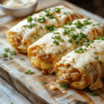 Golden brown burritos filled with creamy potato and cheddar, melted cheese oozing from the seam, chopped green onions and cilantro, served on a light plate with salsa and sour cream on a rustic wooden board.