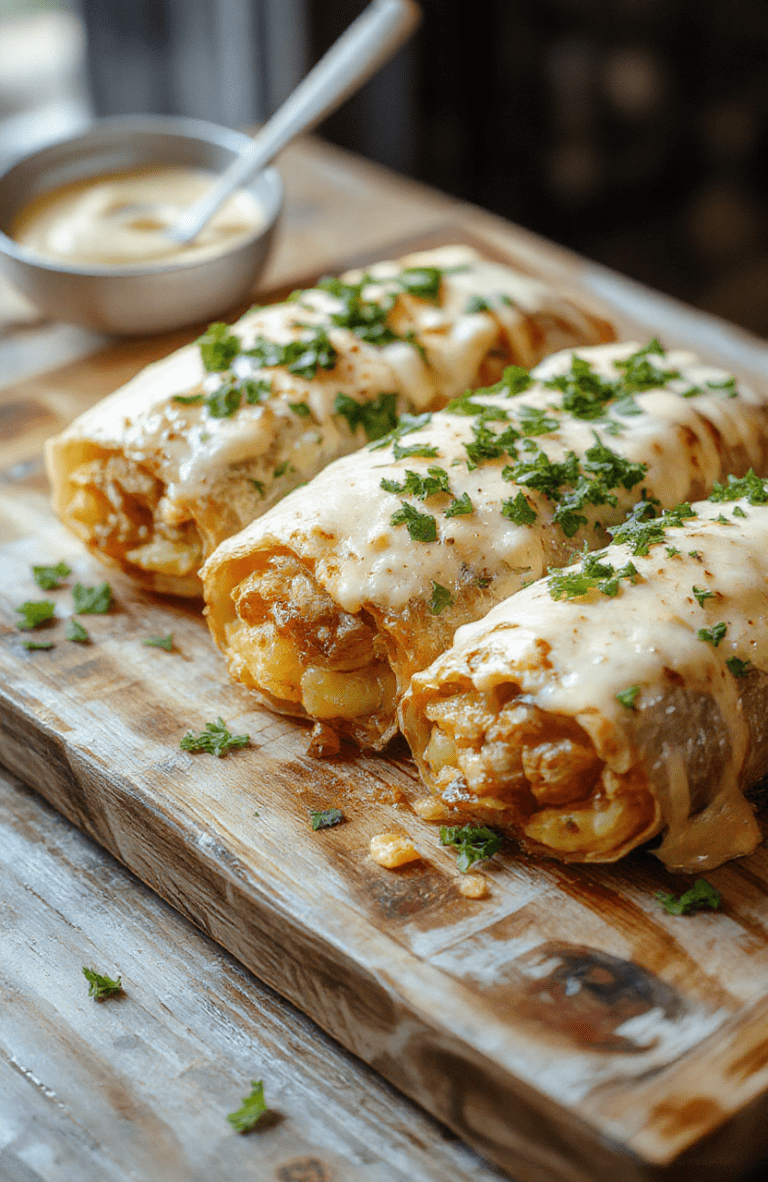 Golden brown burritos filled with creamy potato and cheddar, melted cheese oozing from the seam, chopped green onions and cilantro, served on a light plate with salsa and sour cream on a rustic wooden board.