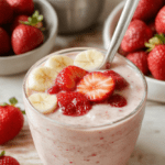 A tall glass of creamy pink strawberry banana smoothie sits on a light wooden counter, with fresh strawberry slices and banana nearby, a dollop of yogurt on top and a striped straw. The texture looks thick and velvety, with bright fruit colors and a clean, inviting breakfast vibe.