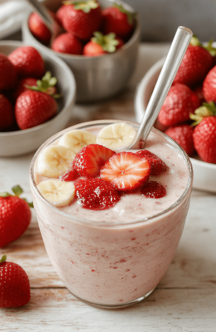 A tall glass of creamy pink strawberry banana smoothie sits on a light wooden counter, with fresh strawberry slices and banana nearby, a dollop of yogurt on top and a striped straw. The texture looks thick and velvety, with bright fruit colors and a clean, inviting breakfast vibe.