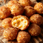 Golden crispy air fryer mac and cheese balls arranged on a wooden board with a creamy cheese filling visible, speckled with herbs, and a light dusting of paprika, served with a bright dipping sauce.