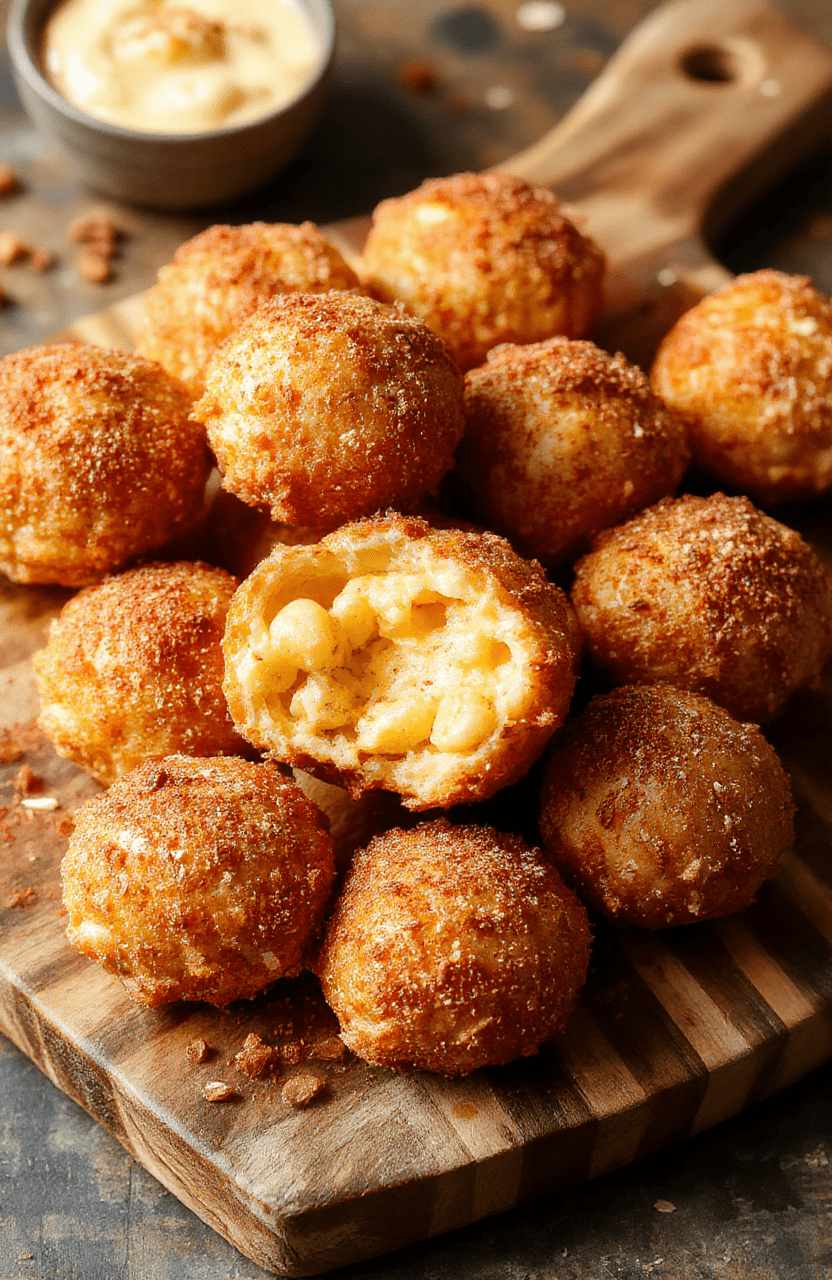 Golden crispy air fryer mac and cheese balls arranged on a wooden board with a creamy cheese filling visible, speckled with herbs, and a light dusting of paprika, served with a bright dipping sauce.