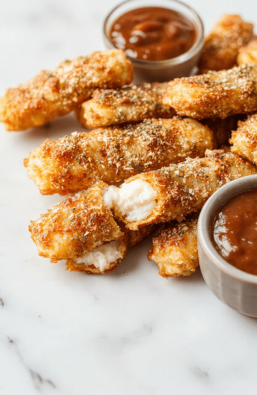 Golden-brown, crispy mozzarella sticks neatly arranged on a white plate with a small bowl of marinara sauce. The coating is crunchy and lightly seasoned, with gooey cheese peeking from the ends and a fresh parsley garnish for color.