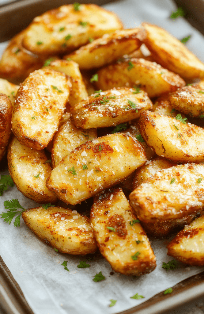 Golden-brown potato wedges with a crisp exterior and garlic parmesan coating, arranged on a rustic white plate with a light drizzle of olive oil, flecks of chopped parsley, and a subtle sprinkle of salt for a vivid, appetizing presentation.