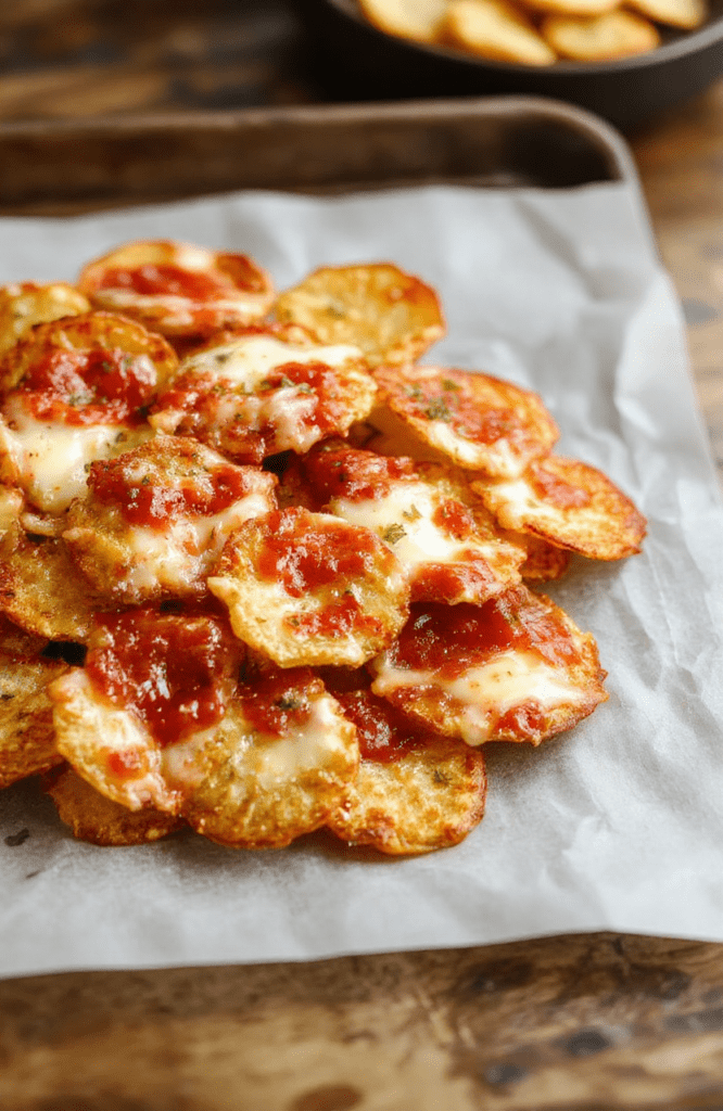 A close-up of crispy, bubbling pizza chips arranged on parchment. Golden tortilla chips topped with marinara sauce and melted mozzarella, with oregano and parmesan specks, on a rustic wooden board.