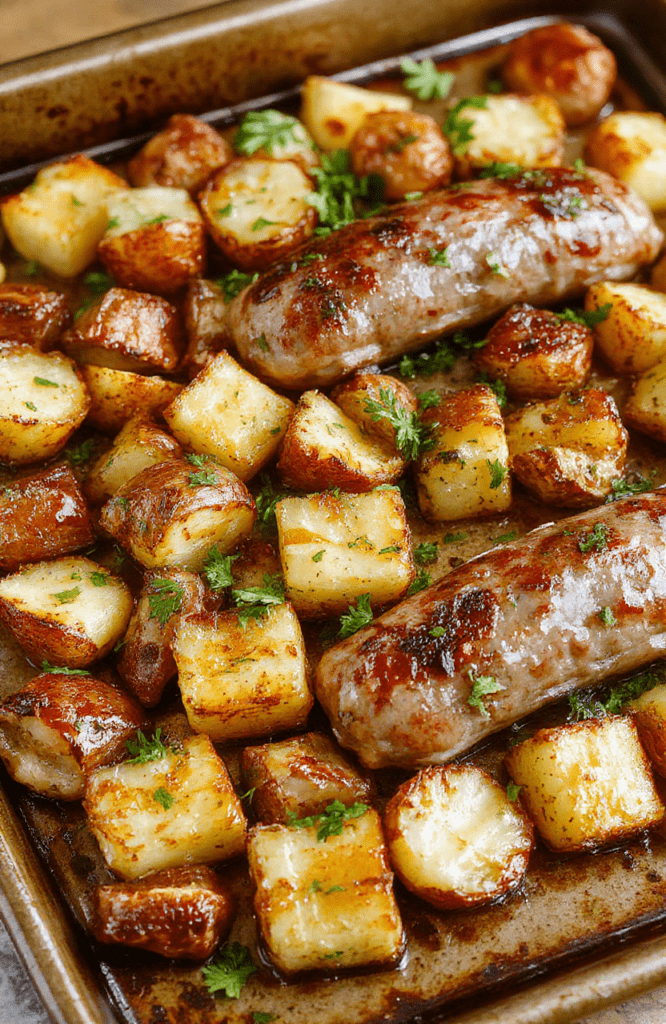 Golden fried potatoes and sliced Polish sausage with caramelized onions and fresh parsley on a warm-toned rustic tray; glossy olive oil sheen, browned edges, and a comforting kitchen vibe.