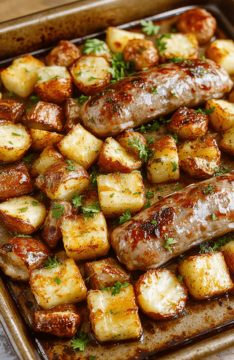 Golden fried potatoes and sliced Polish sausage with caramelized onions and fresh parsley on a warm-toned rustic tray; glossy olive oil sheen, browned edges, and a comforting kitchen vibe.