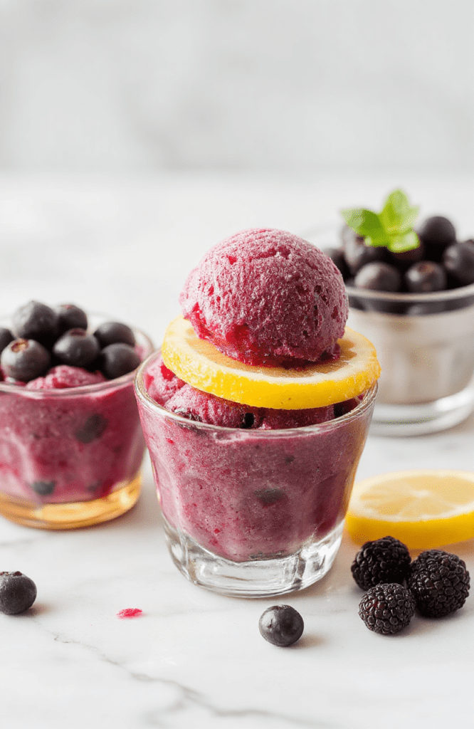 A bright scoop of blueberry lemon sorbet sits in a clear glass dessert cup on a white marble surface. The sorbet is a vibrant purple-blue, flecked with lemon zest, with a few fresh blueberries and a delicate mint leaf nearby. Lemon wheel and a light dusting of zest add color, while clean lighting highlights its silky texture and glossy surface.