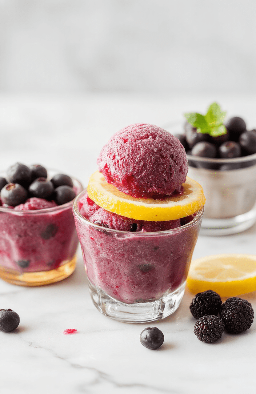 A bright scoop of blueberry lemon sorbet sits in a clear glass dessert cup on a white marble surface. The sorbet is a vibrant purple-blue, flecked with lemon zest, with a few fresh blueberries and a delicate mint leaf nearby. Lemon wheel and a light dusting of zest add color, while clean lighting highlights its silky texture and glossy surface.