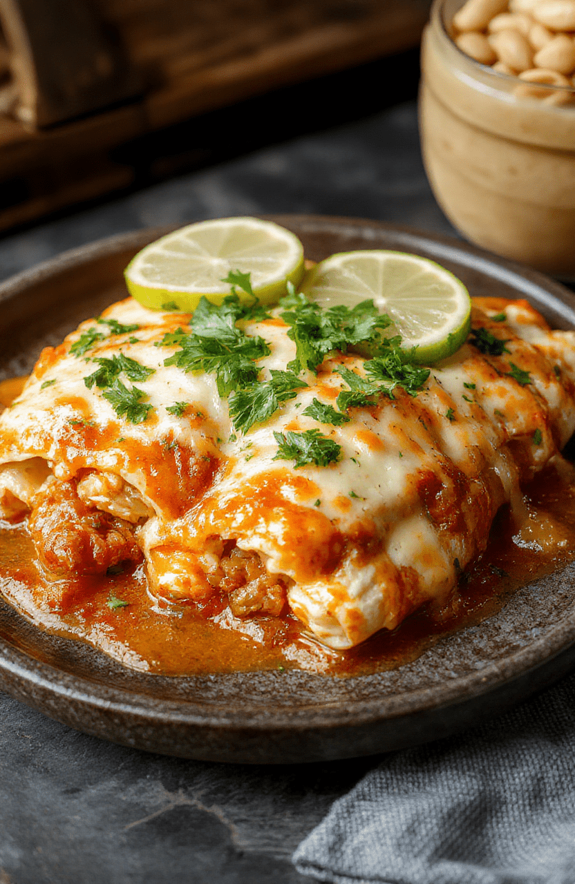 Creamy chicken enchiladas topped with melted cheese, fresh cilantro, and bright red sauce, tucked inside warm corn tortillas. Lime wedges and a dollop of sour cream add color, while a rustic wooden table and natural light create a cozy, family-friendly presentation.