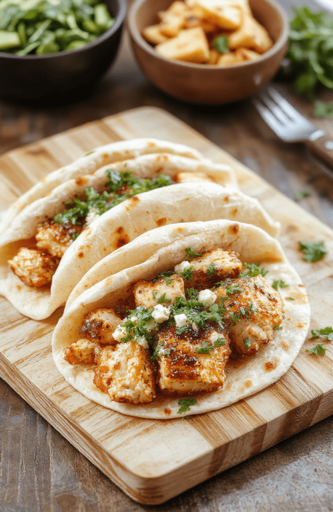 A close-up of tender shredded Greek chicken in warm pita pockets, topped with crumbled feta, diced cucumber, tomatoes, and red onion, finished with lemony yogurt sauce and a drizzle of olive oil; bright, Mediterranean styling with fresh herbs and lemon wedges.