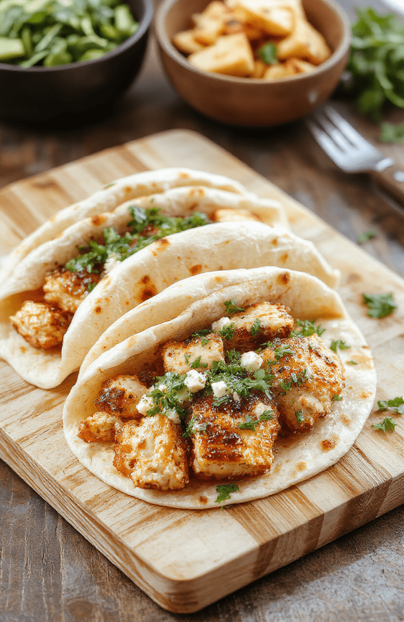 A close-up of tender shredded Greek chicken in warm pita pockets, topped with crumbled feta, diced cucumber, tomatoes, and red onion, finished with lemony yogurt sauce and a drizzle of olive oil; bright, Mediterranean styling with fresh herbs and lemon wedges.