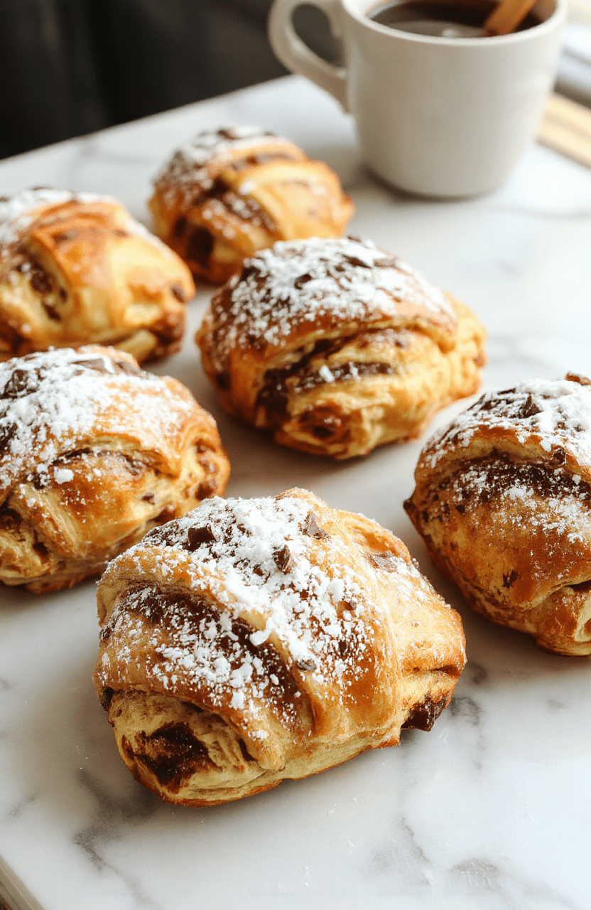 Golden-brown flaky croissants wrapped around ribbons of melted dark chocolate, arranged on a light marble board with a dusting of powdered sugar. The pastry layers show crisp edges, buttery sheen, and a glossy chocolate center. A small dish of melted chocolate and a coffee cup complete the cozy, bakery-at-home vibe.