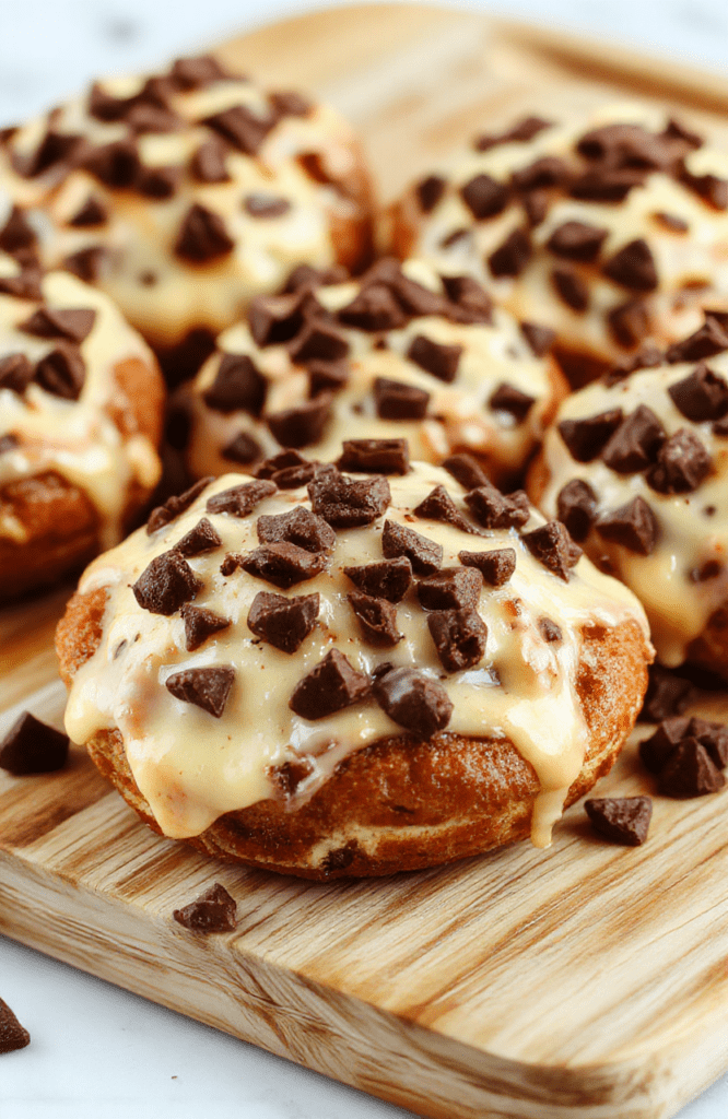A slice of Fluffy Chocolate Chip Custard Brioche sits on a rustic wooden board, the custard swirl peeks from the tender crumb, chocolate chips glisten, a light dusting of powdered sugar, warm caramel tones in the background.