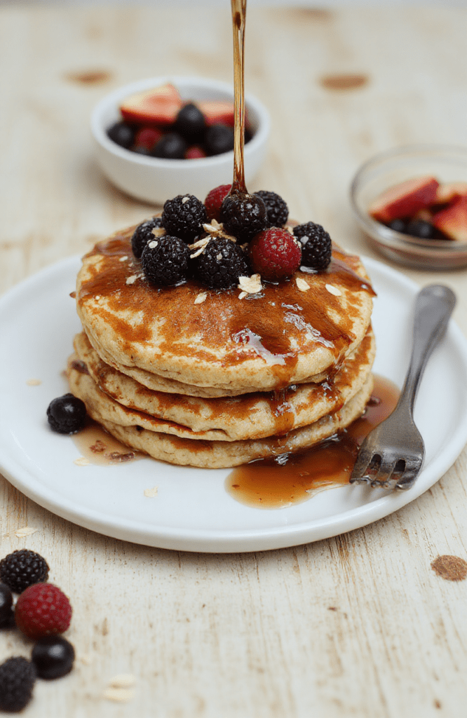 A stack of fluffy oatmeal pancakes cooked golden brown sits on a white plate, topped with fresh berries and a drizzle of maple syrup. The pancakes show a tender interior with oats speckled through the surface. They are plated on a warm wooden board with a light linen napkin and a small jar of syrup in the background, bathed in bright morning light.