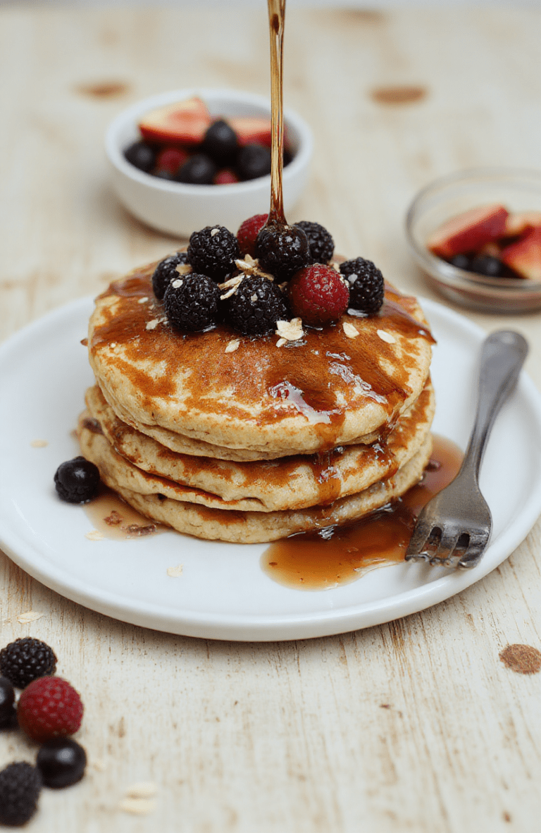 A stack of fluffy oatmeal pancakes cooked golden brown sits on a white plate, topped with fresh berries and a drizzle of maple syrup. The pancakes show a tender interior with oats speckled through the surface. They are plated on a warm wooden board with a light linen napkin and a small jar of syrup in the background, bathed in bright morning light.