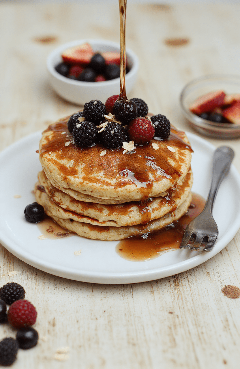 A stack of fluffy oatmeal pancakes cooked golden brown sits on a white plate, topped with fresh berries and a drizzle of maple syrup. The pancakes show a tender interior with oats speckled through the surface. They are plated on a warm wooden board with a light linen napkin and a small jar of syrup in the background, bathed in bright morning light.