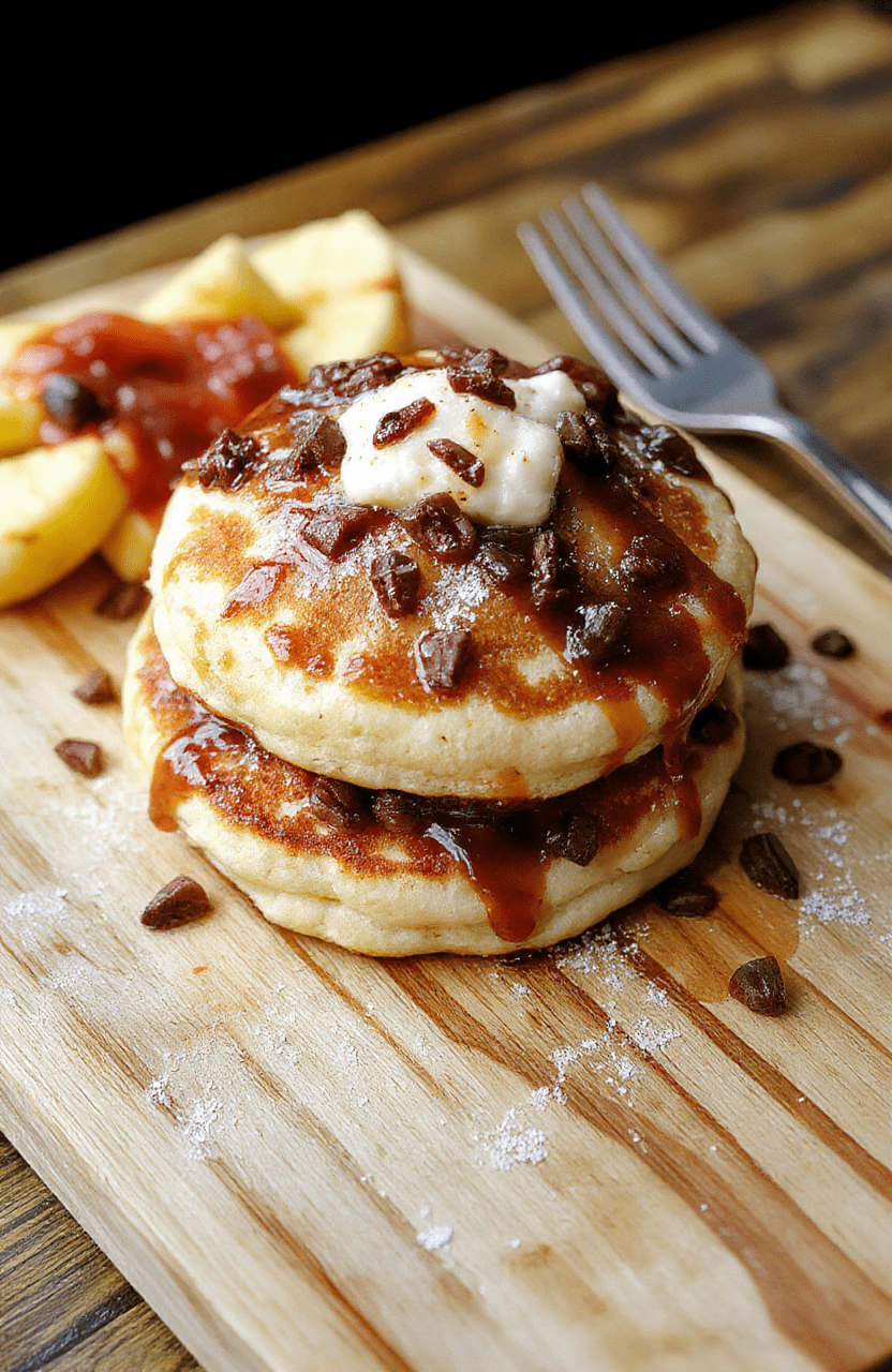 A stack of fluffy golden pancakes on a white plate with a pat of melting butter and a drizzle of maple syrup. A light dusting of powdered sugar and a few berries sit nearby on a warm wooden table, creating a cozy breakfast scene.
