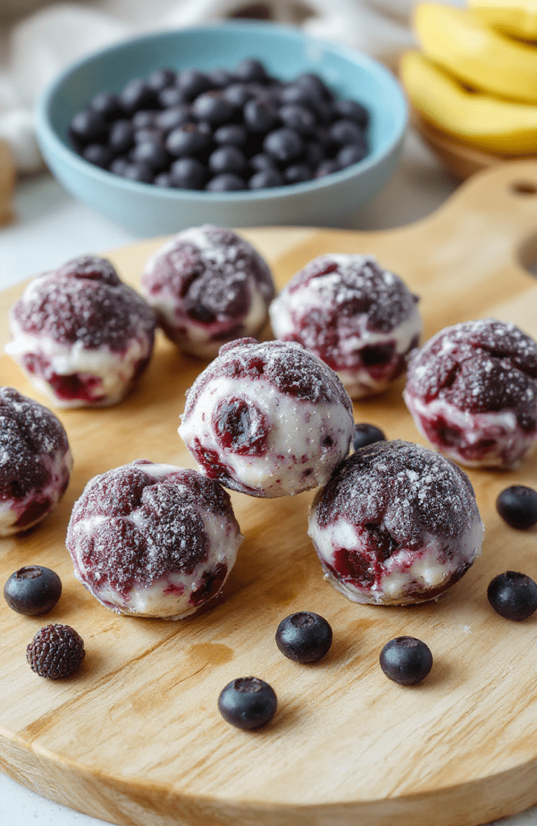 A close-up of frozen blueberry yogurt bites arranged on a light wooden board, creamy white yogurt coating with bright blue blueberries peeking through, frost on the surface, fresh blueberries nearby, bright natural lighting.