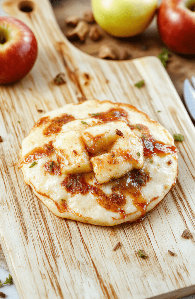 Golden brown Healthy Apple Rice Pancakes on a white plate with a drizzle of maple syrup, apple slices, a dollop of yogurt, and a light dusting of cinnamon. The pancakes show specks of apple and visible grains of rice, set on a warm-toned wooden table with soft, natural lighting and fresh mint leaves for color.