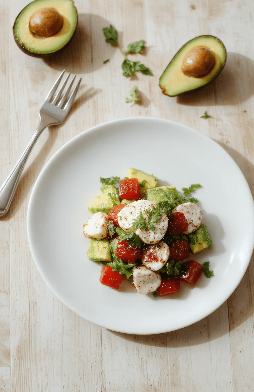 Bright avocado slices, mozzarella pearls, and cherry tomatoes artfully arranged on a white plate with fresh basil, olive oil, and balsamic glaze. The vibrant greens and reds pop against a clean, minimalist table setting.