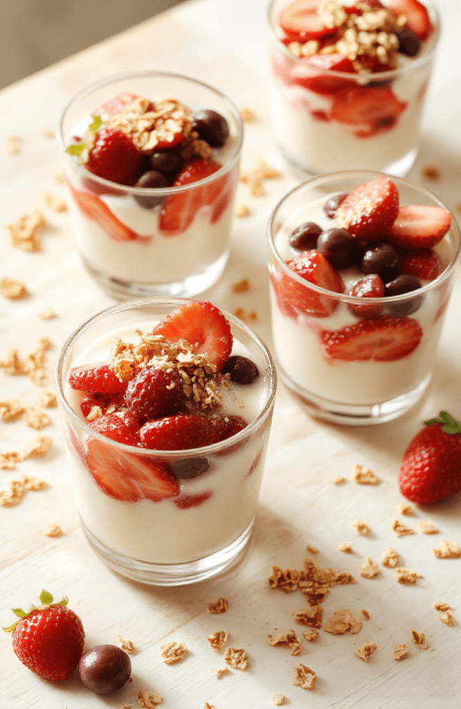 A layered berry yogurt parfait in a clear glass, creamy vanilla yogurt, bright red strawberry slices, and crunchy granola, finished with a mint leaf on a light wooden board. The glass sits on a white plate with soft natural daylight highlighting textures and colors.
