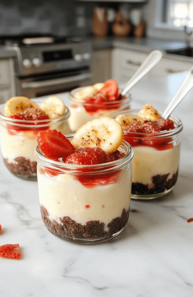 A row of small glass jars filled with creamy cheesecake filling, topped with a bright berry swirl and a crumb crust visible at the edges. The jars rest on a white plate against a soft pastel background with scattered berries and a mint leaf for color, conveying a light, healthy dessert presentation.