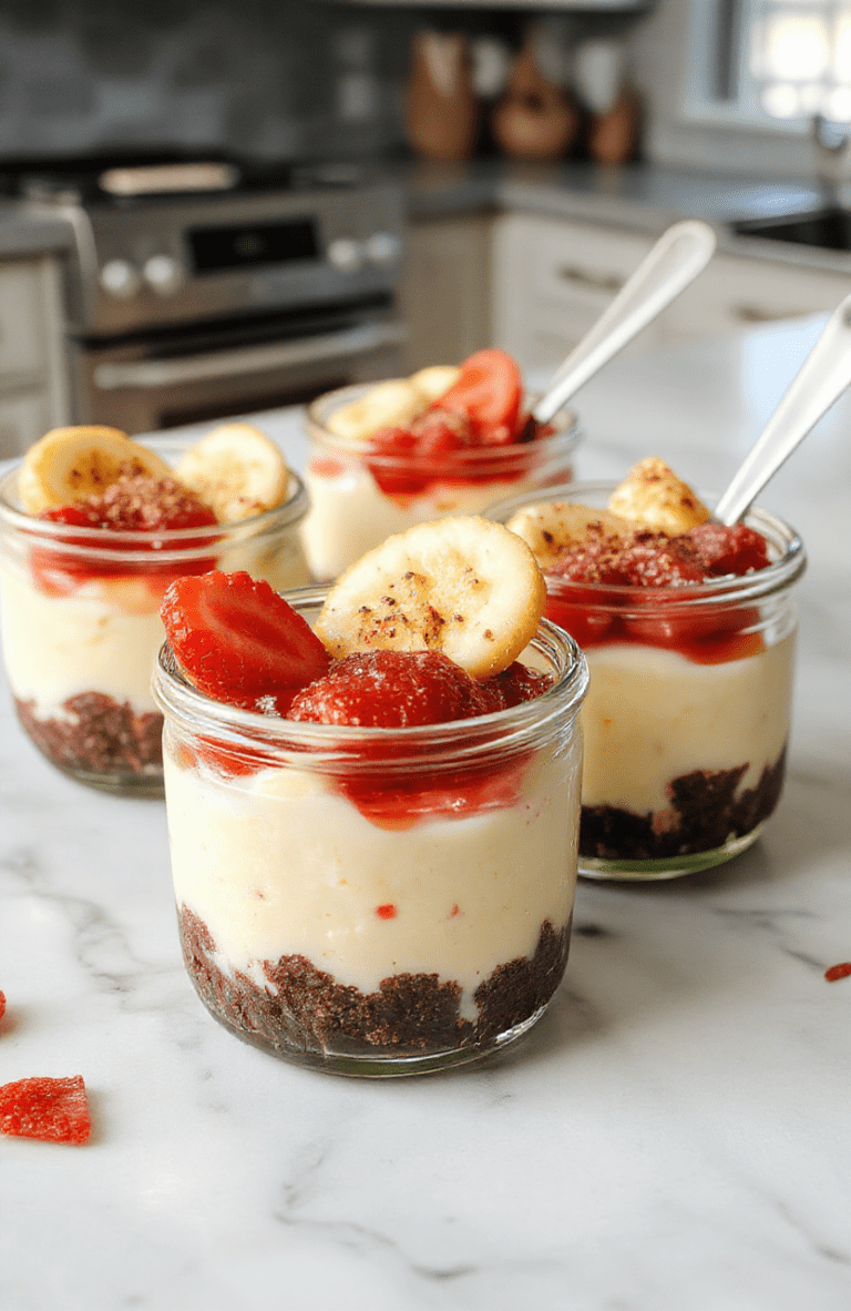 A row of small glass jars filled with creamy cheesecake filling, topped with a bright berry swirl and a crumb crust visible at the edges. The jars rest on a white plate against a soft pastel background with scattered berries and a mint leaf for color, conveying a light, healthy dessert presentation.