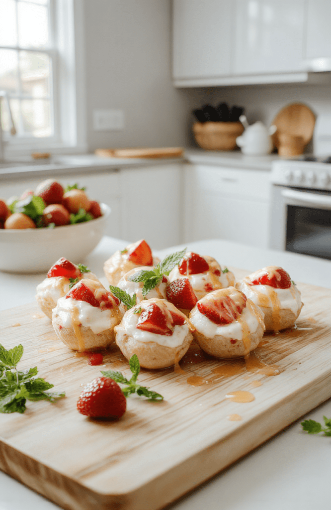 Bright white plate with 6 small strawberry yogurt bites arranged neatly, visible bits of strawberry in creamy pink yogurt, a light drizzle of honey and a mint sprig, on a pale wooden board with soft natural light and minimal styling, crisp textures of the yogurt and fresh fruit contrasted against the smooth surface.