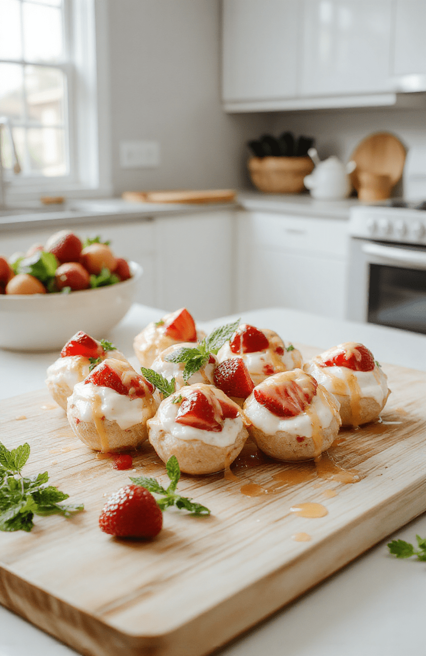 Bright white plate with 6 small strawberry yogurt bites arranged neatly, visible bits of strawberry in creamy pink yogurt, a light drizzle of honey and a mint sprig, on a pale wooden board with soft natural light and minimal styling, crisp textures of the yogurt and fresh fruit contrasted against the smooth surface.