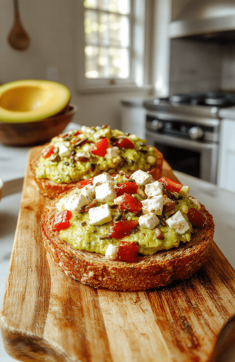 A close-up shot of two slices of toasted whole-grain bread on a rustic board. One slice is spread with creamy mashed avocado, the other topped with bright tomato slices, crumbled feta, and a sprinkle of chia seeds. The plate is finished with a drizzle of olive oil, cracked pepper, lemon zest, and a few microgreens, creating vibrant greens, reds, and golden-brown textures.