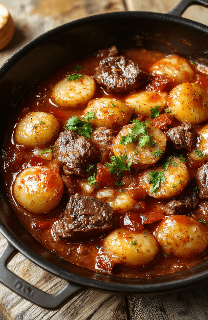 A sizzling skillet features browned beef chunks, chunky potatoes, red bell peppers, and onions all simmering in a glossy smoky tomato sauce; sprigs of parsley brighten the plate on a rustic wooden surface.