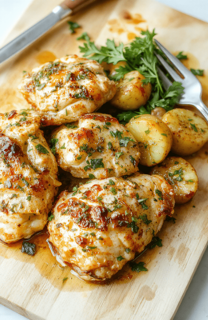 Roasted chicken thighs with crispy potatoes, seasoned with fresh rosemary and thyme, arranged on a warm wooden serving board. The golden-brown chicken skin glistens with a savory pan sauce, while potato wedges show caramelized edges and fluffy centers. Fresh herbs and a light pepper finish complete a inviting one-pan dinner visual.