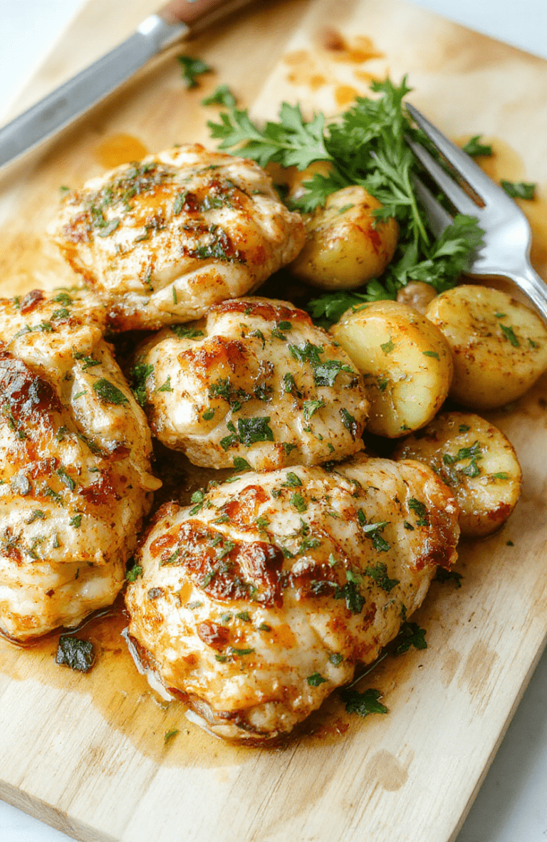 Roasted chicken thighs with crispy potatoes, seasoned with fresh rosemary and thyme, arranged on a warm wooden serving board. The golden-brown chicken skin glistens with a savory pan sauce, while potato wedges show caramelized edges and fluffy centers. Fresh herbs and a light pepper finish complete a inviting one-pan dinner visual.