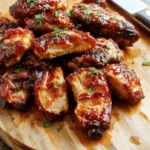 Slices of glossy Char Siu chicken with a deep red lacquer glaze fan across a white plate, sesame seeds sprinkled, steamed jasmine rice on the side, bright green broccoli, and scallions adding color. The surface is caramelized and slightly charred at the edges, showcasing a tender, juicy interior and a lacquered shine.