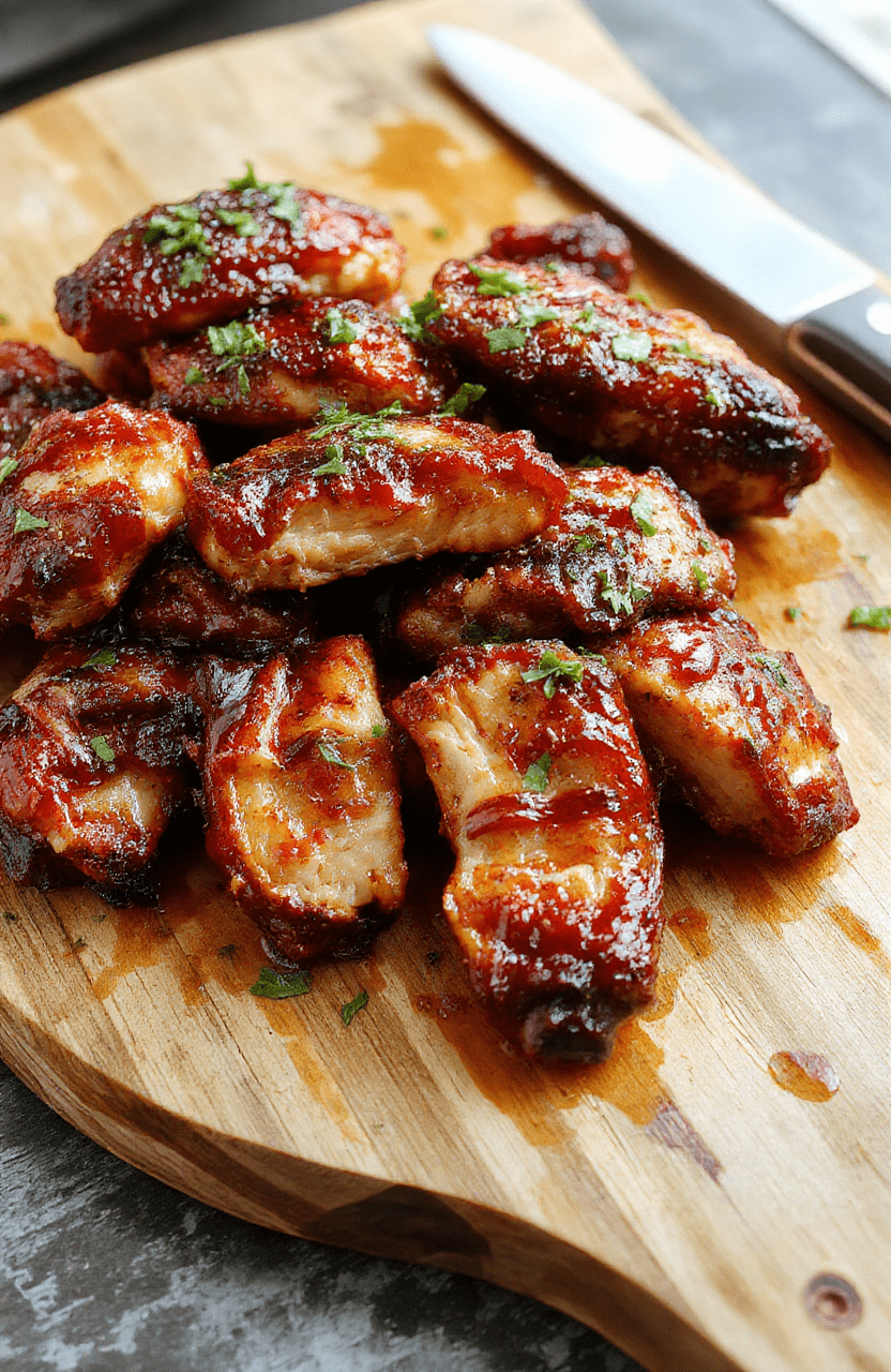 Slices of glossy Char Siu chicken with a deep red lacquer glaze fan across a white plate, sesame seeds sprinkled, steamed jasmine rice on the side, bright green broccoli, and scallions adding color. The surface is caramelized and slightly charred at the edges, showcasing a tender, juicy interior and a lacquered shine.