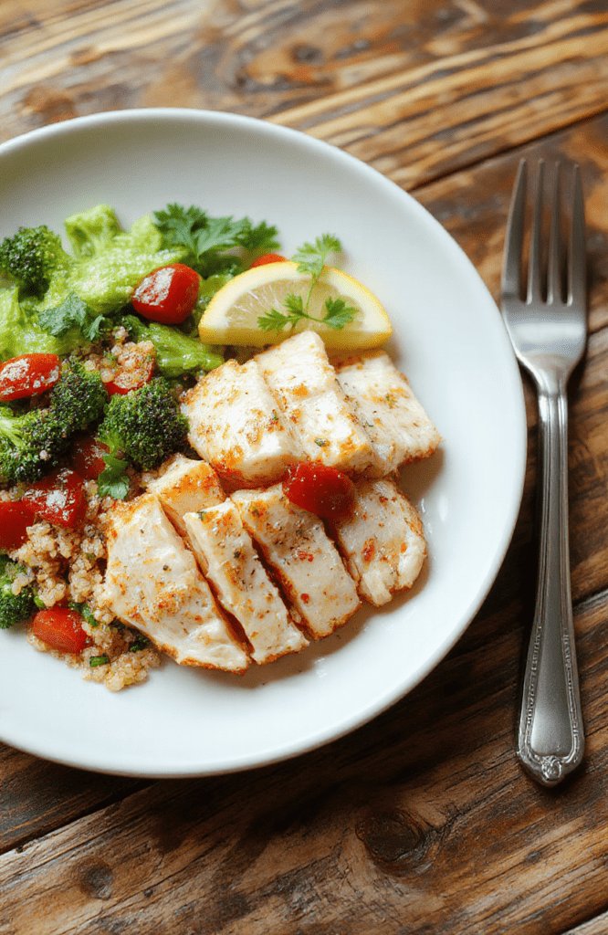 A plated Lean High Protein Meal dish: sliced chicken breast, fluffy quinoa, and colorful sautéed broccoli, red bell pepper, and cherry tomatoes, garnished with lemon zest and fresh parsley on a clean white plate, with a warm wood background.