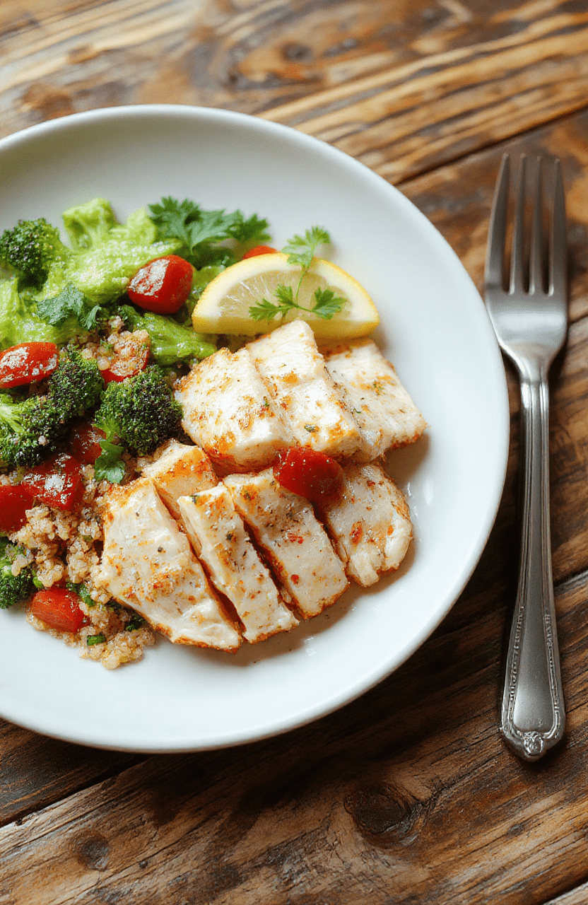 A plated Lean High Protein Meal dish: sliced chicken breast, fluffy quinoa, and colorful sautéed broccoli, red bell pepper, and cherry tomatoes, garnished with lemon zest and fresh parsley on a clean white plate, with a warm wood background.