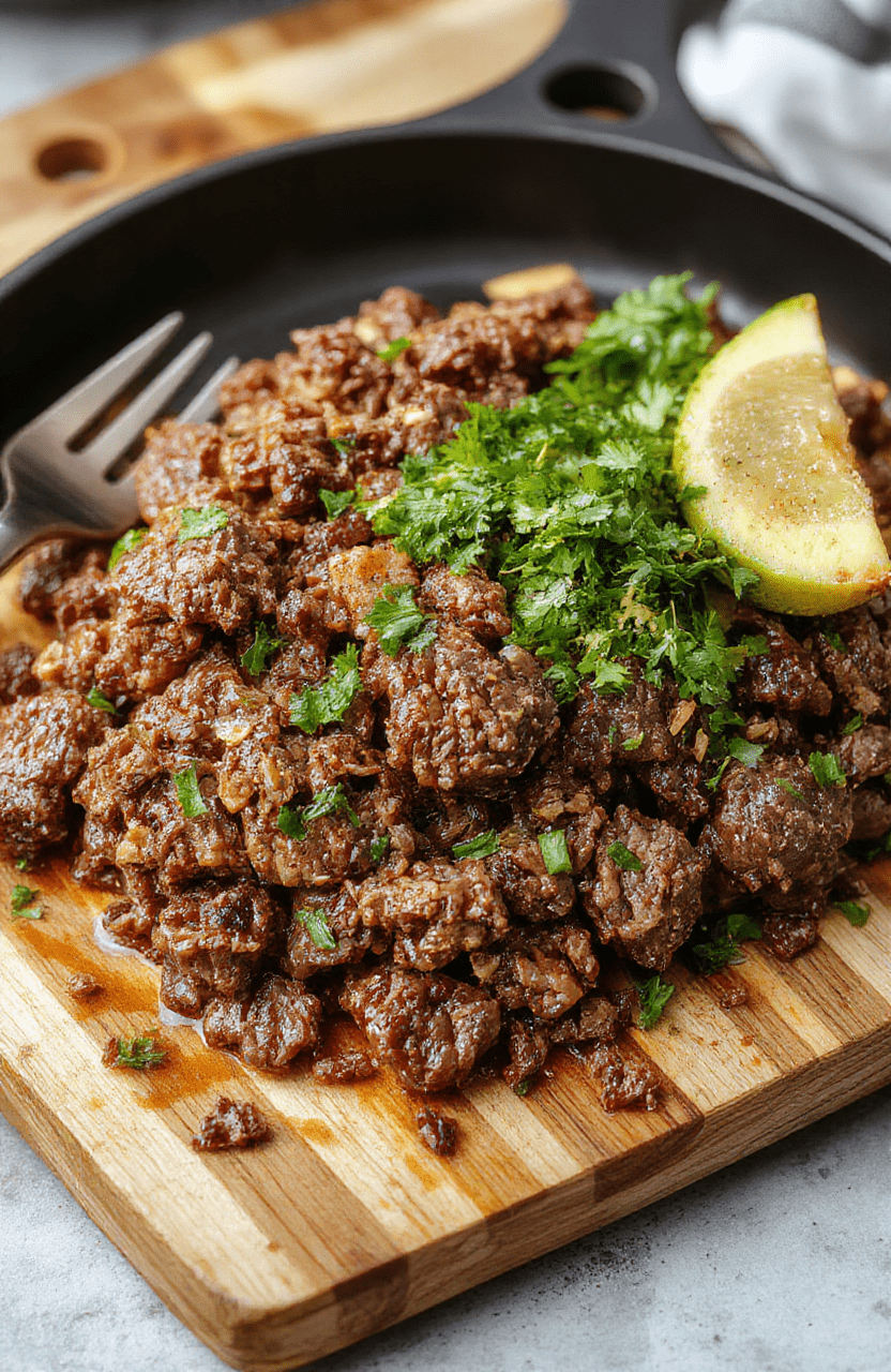 A sizzling skillet of browned ground beef with peppers, onions, and tomatoes in a glossy herb-accented sauce, finished with chopped parsley, set on a rustic wooden board with a side of crusty bread.