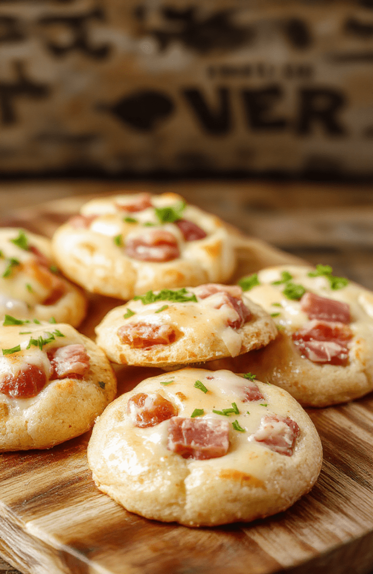 Golden-brown ham and cheese cookies studded with diced ham and cheddar sit on a rustic wooden board, edges crisp and centers soft. The cookies are speckled with green chives and a light glaze of melted cheese; a small bowl of mustard and a sprig of parsley sit in the background for a party-ready presentation.