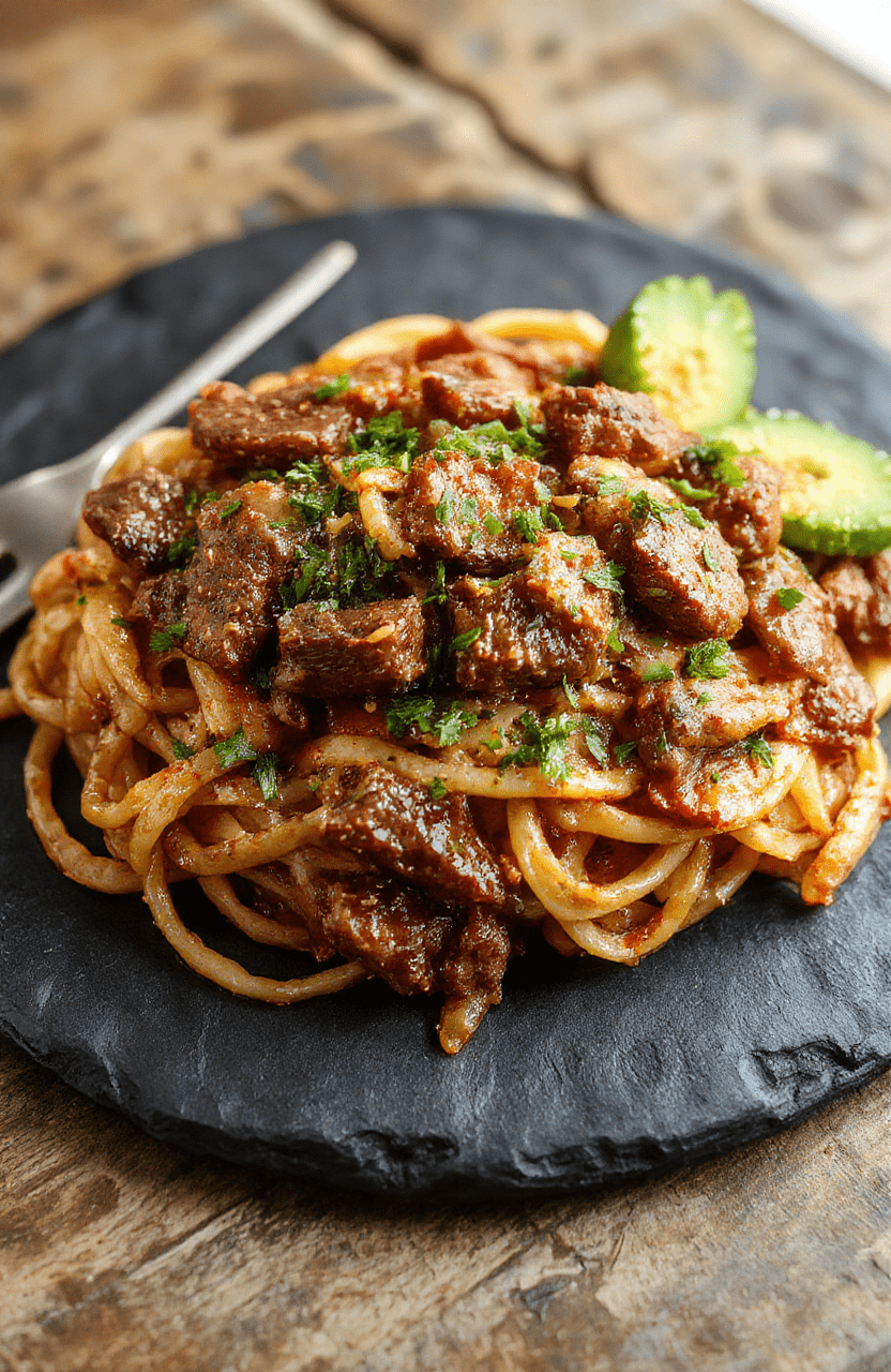 A glossy plate of Mongolian Beef Noodles with tender beef, al dente noodles, broccoli and sesame seeds in a savory glaze, garnished with scallions on a light wooden board.