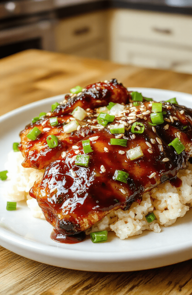 A glossy pan of teriyaki chicken glazed with a dark caramel glaze sits over steaming white rice. Bite-sized pieces are seared to a rich brown, sprinkled with sesame seeds and sliced green onions. The plate is simple and bright, with a few droplets of sauce and a hint of steam rising, inviting a homey weeknight dinner.