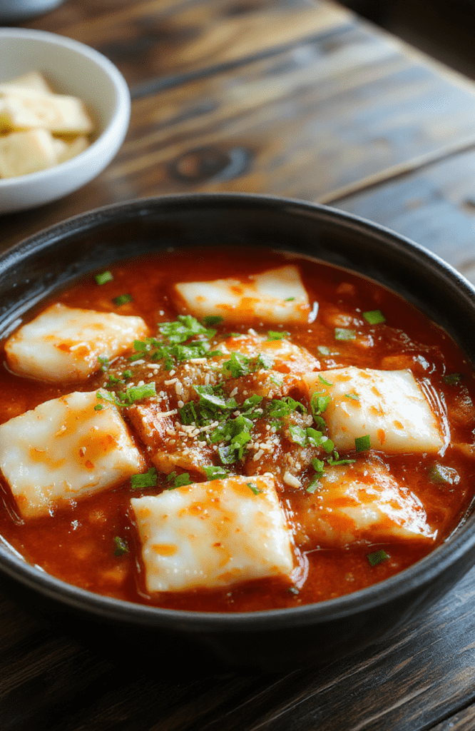 A steaming skillet of Spicy Tteokbokki with glossy red gochujang sauce coating chewy white rice cakes, sliced fish cakes, and onions. Garnished with sesame seeds and chopped scallions, served on a dark stone plate with a hint of steam and a cozy kitchen background.