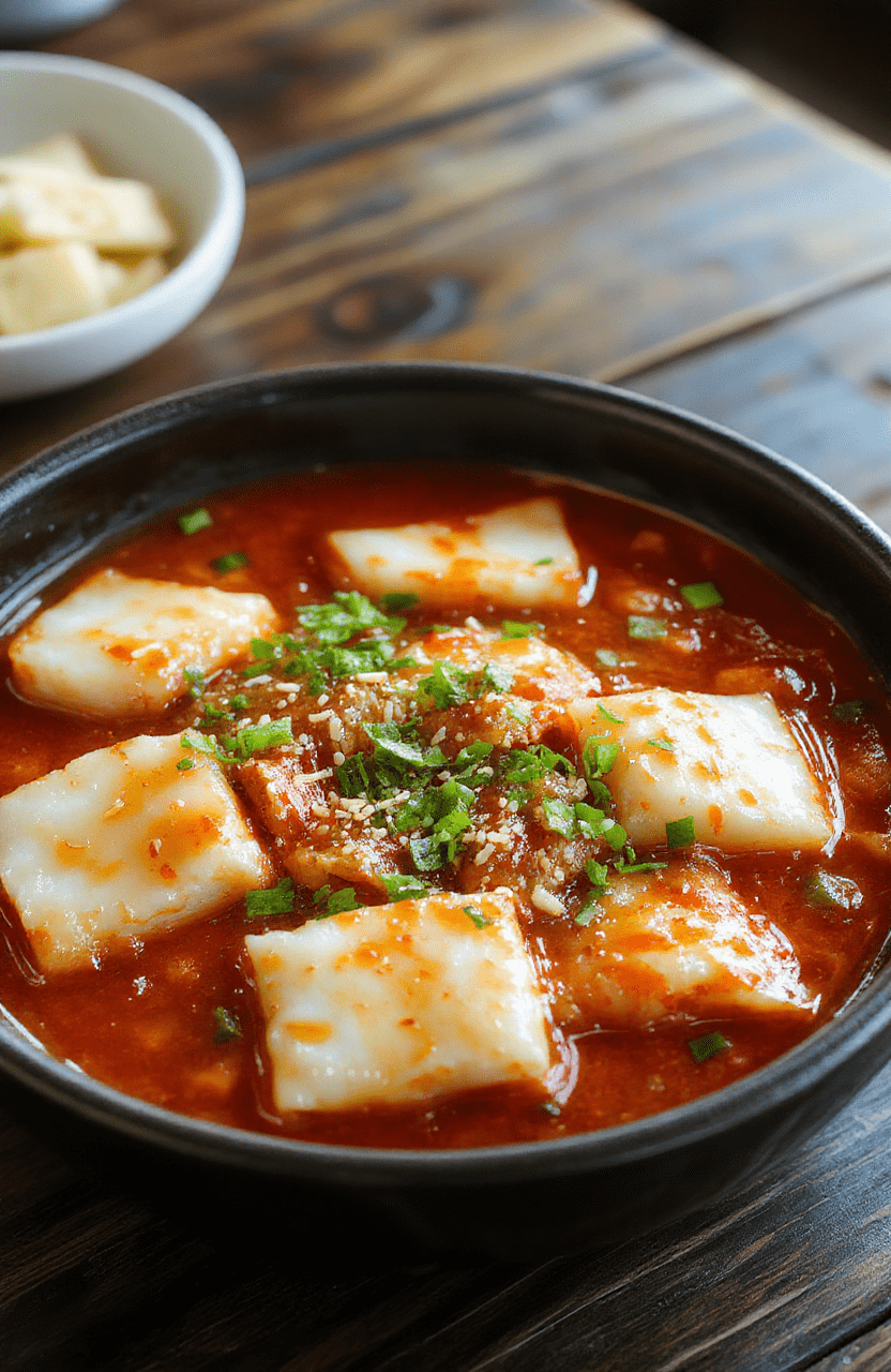 A steaming skillet of Spicy Tteokbokki with glossy red gochujang sauce coating chewy white rice cakes, sliced fish cakes, and onions. Garnished with sesame seeds and chopped scallions, served on a dark stone plate with a hint of steam and a cozy kitchen background.