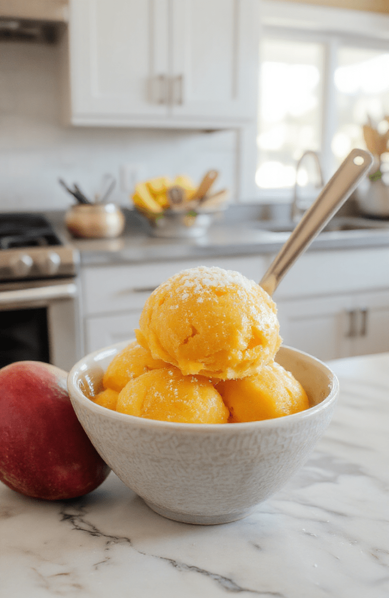A bright scoop of mango sorbet in a small glass bowl, garnished with a mint leaf and a thin lime wheel, placed on a light wooden board. The sorbet is smooth and vibrant orange-yellow, with a glossy surface and a few tiny ice crystals. Surrounding it are fresh mango slices and a drizzle of lime juice, styled simply for a fresh, tropical dessert feel.