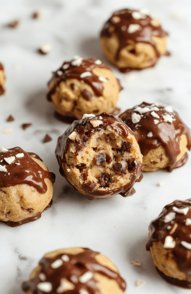 A plate of glossy chocolate coated cookie dough truffles sits on a light wood board, dusted with cocoa, with a few uncoated balls showing creamy centers, surrounded by scattered chocolate chips and a drizzle of melted chocolate; warm, inviting lighting and a minimalist white backdrop.